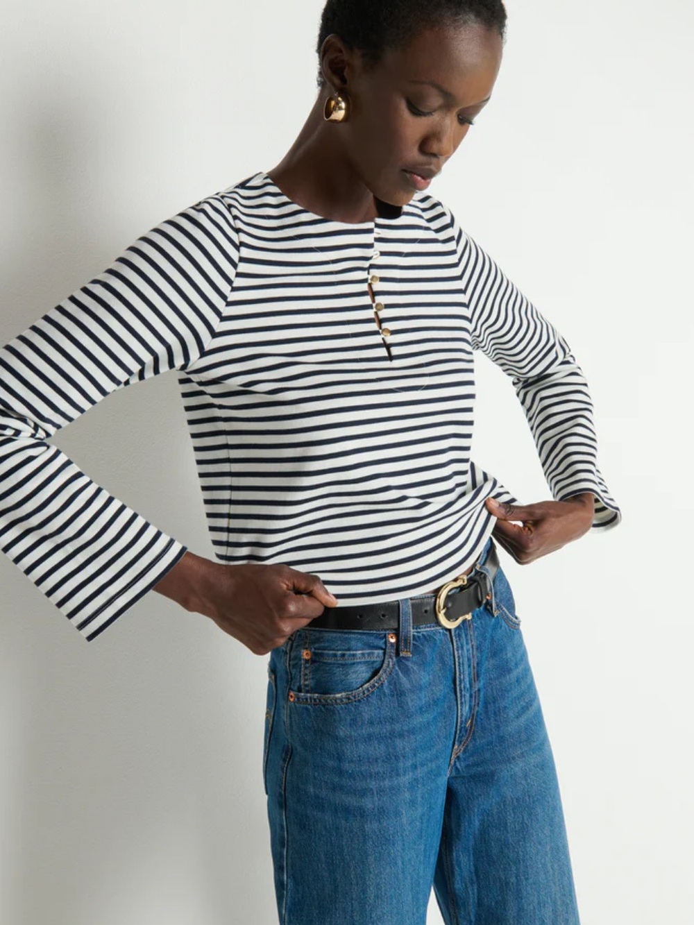 Nation Los Angeles Silvia Long Sleeve Stripe Button Top NEW Size Large